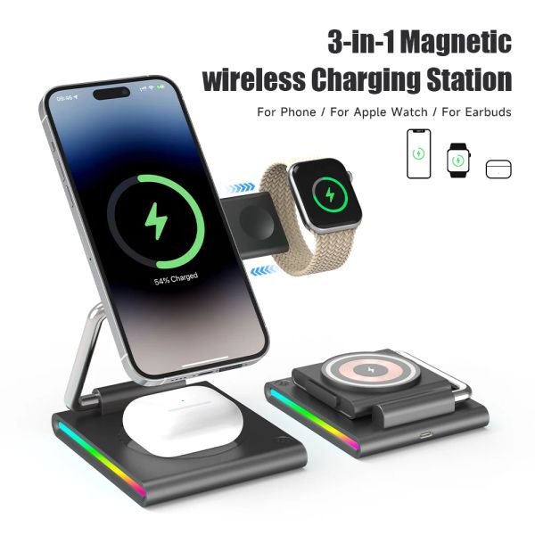 Ladegeräte Falten Sie RGB Wireless Ladegerät für iPhone 15 14 13 12 Pro -LED -Dockstation für Apple Watch S9 Ultra 2 Airpods Pro iWatch Holder