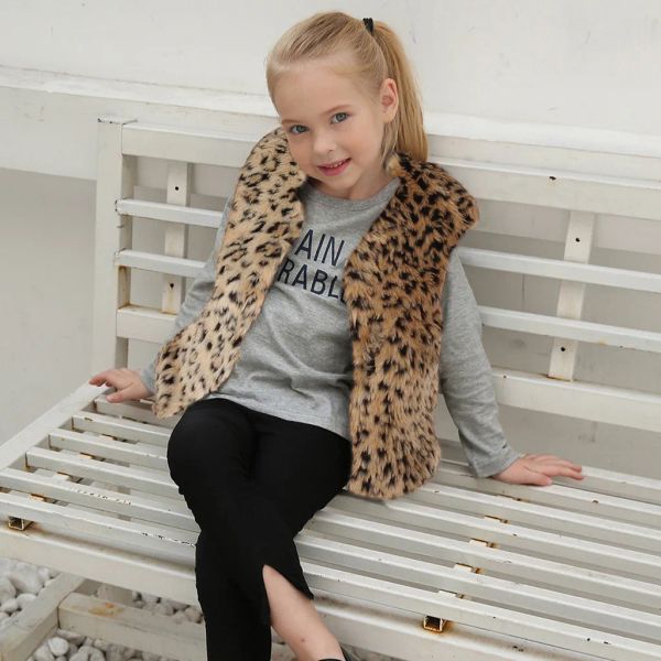 Cappotti baby leopardo in finta pelliccia di abbigliamento caldo femminile inverno gilet chiodi giubbotto pile giacca autunnale per abiti densi per bambini