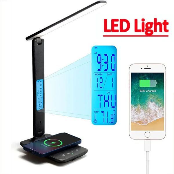 Chargers Wireless Caricatore PAD LED LED LAMPAGNO Temperatura Arme Clock Eye Protect Study Business Light Table Lampada 10w Station di ricarica rapida