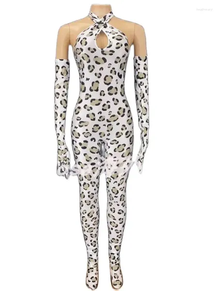 Stage Use Sexy Off Back Black Leopard Pattern Gumpsuit apertado com mangas 2024 Moda Clothing Feminino Clothing