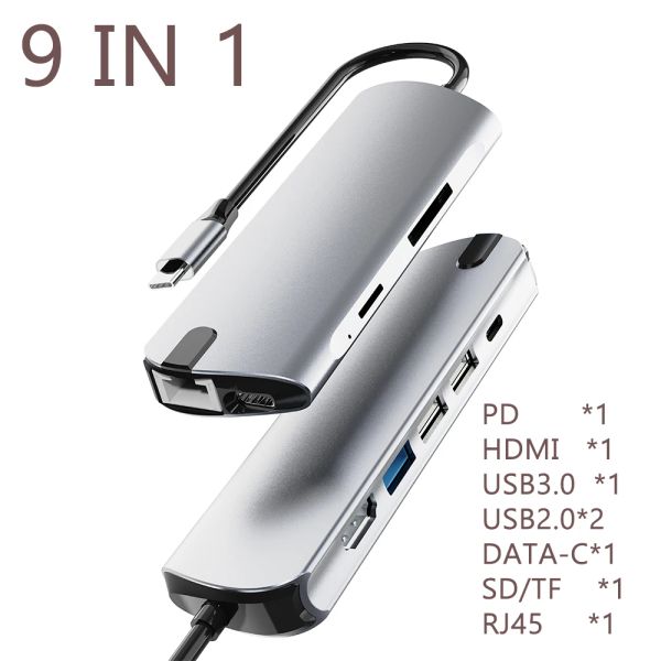 Stazioni 9 in 1 Stazione docking di tipo C USB 3.0 2.0 HDMicompatible RJ45 PD VGA MultiPort Adattatore MultiPort Typec Hub per MacBook Air Pro Notebook