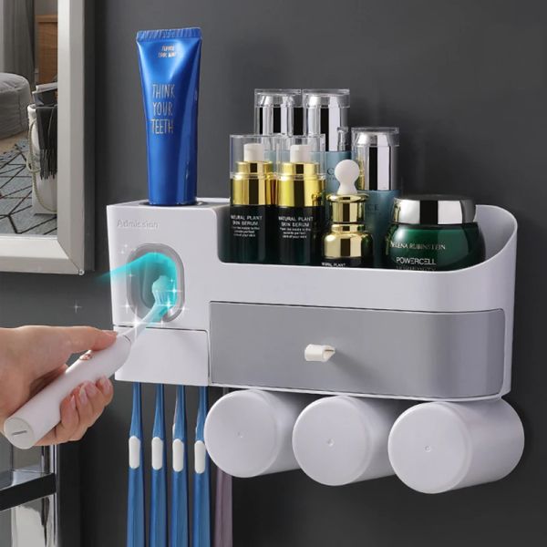 Teste integrate a doppio cassetto Porta di spazzolino da denti dentifricio Squeezer Porta di spazzolino da denti a muro con tazza