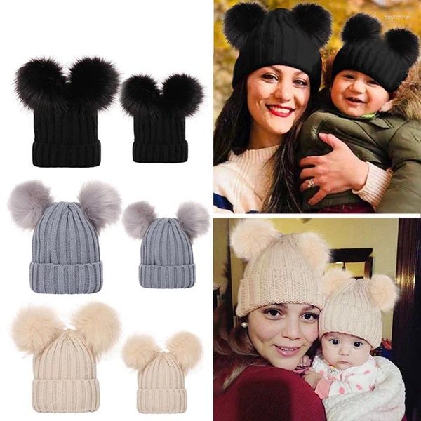 Berretti per bambini Madre per bambini inverno cappello da berretto a maglia calda per ragazze Double Pompom Cappelli da bambino Solido Palloni simpatici Cap cotto per bambini Gift