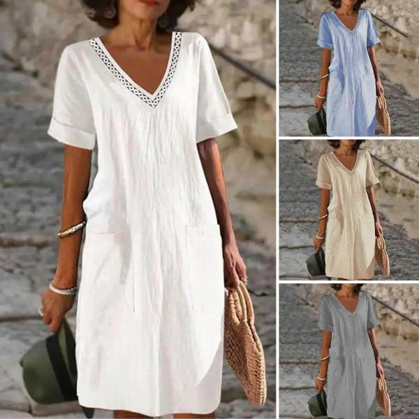 Lässige Kleider Sommerkleid stilvoller V -Hals Midi mit Seitentaschen für Frauen tragen kurze Ärmel hoher Taille solider Komfort