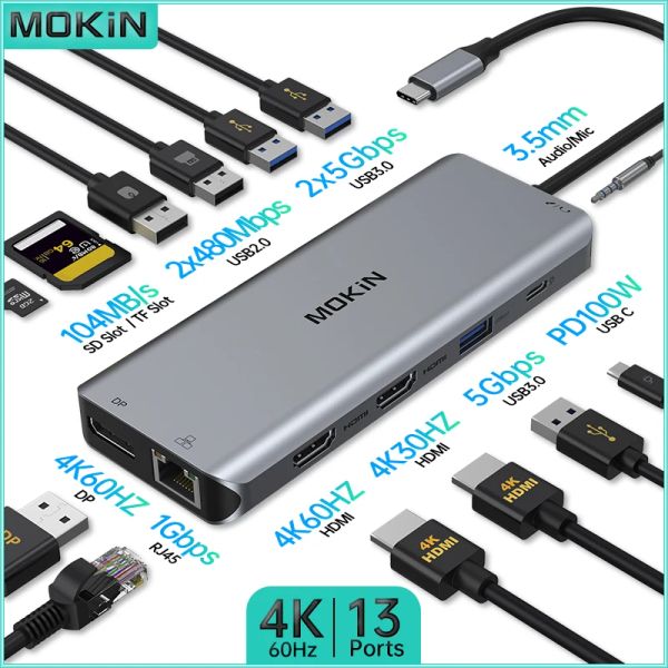 Stationen Mokin 13 in 1 Dockingstation für MacBook Air/Pro, Thunderbolt -Laptop USB3.0, HDMI 4K60Hz, DP 4K60Hz, PD 100W, RJ45 1Gbit/s