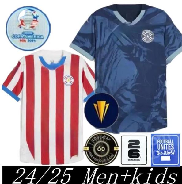 2024 Paraguay Soccer Jersey 2025 Copa America Camisetas de Futbol Home Away футбольная рубашка 24 25 Home Red White Удаляяние голубые футбольные рубашки Мужские детские комплект верхний размер