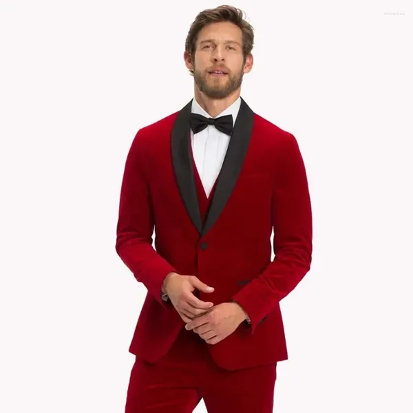 Ternos masculinos 2024 Red Notch Lapela Velvet Terno de casamento formal para homens noivo Tuxedo bain Blazers hombre