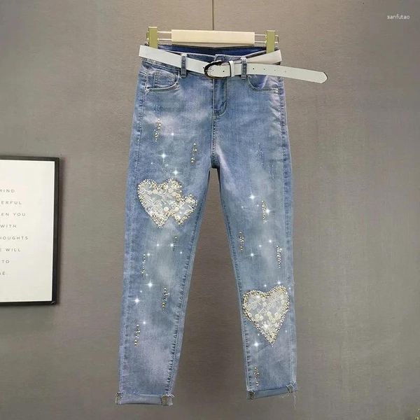 Jeans primavera estate primaverili con diamanti a vita alta pannelli in denim femmina femmina streetwear vintage streetwear alla caviglia selvaggio cowboy