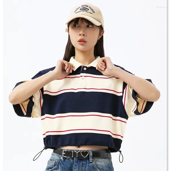 Frauen Polos Japanisch Retro Clashing Stripe Polo Kurzarm Sommermodell Saum einstellbares lässiges T-Shirt