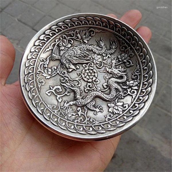 Figurine decorative Collezione cinese Tibet in argento intagliato animali intagliati Drago e piatto di piatti di Phoenix squisiti piccole statue
