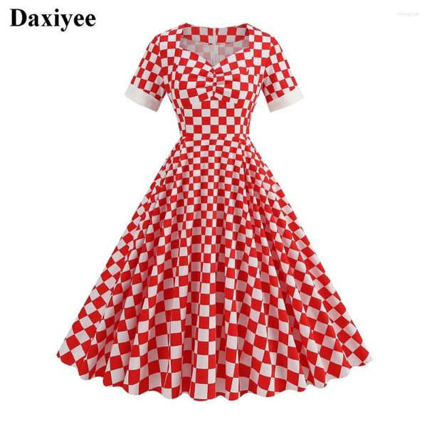 Vestidos de festa vestidos de xadrez vermelhos e brancos de pescoço de coração de coração, verão, Rockabilly 50s 60s elegante