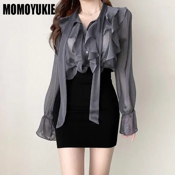 Arbeitskleider Sommer koreanische Mode elegante V-Ausschnitt Rüschen Chiffon Single Row Button Pendelbluse Zweiteiler A-Line-Kurzrock