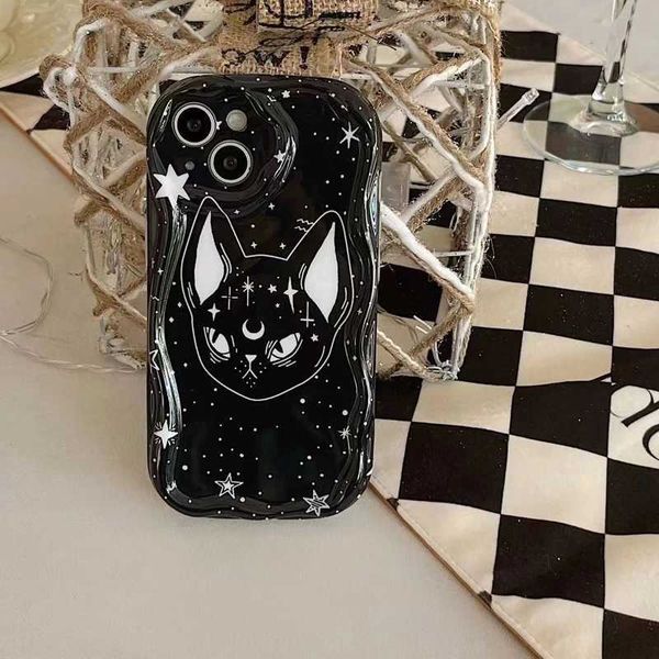 Handy -Stoßstangen coole dunkle Katzen -Cartoon Black Wave TPU Soft Phone Schockproof für iPhone 15 14 Pro 13 12 Mini 11 Pro Max X XS Max 7 8 plus SE Y240423