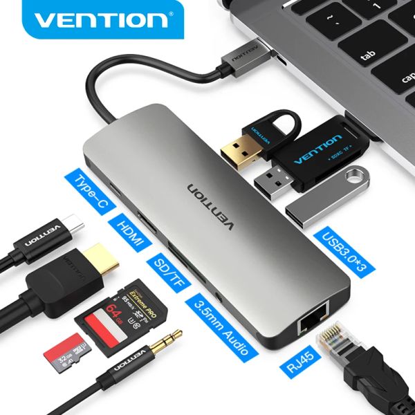 Hubs Vention USBC Hub Type C Hub на USB 3.0 Thunderbolt 3 HDMI 3,5 мм Audio RJ45 Адаптер для MacBook Pro Samsung Galaxy S9 USB C Hub