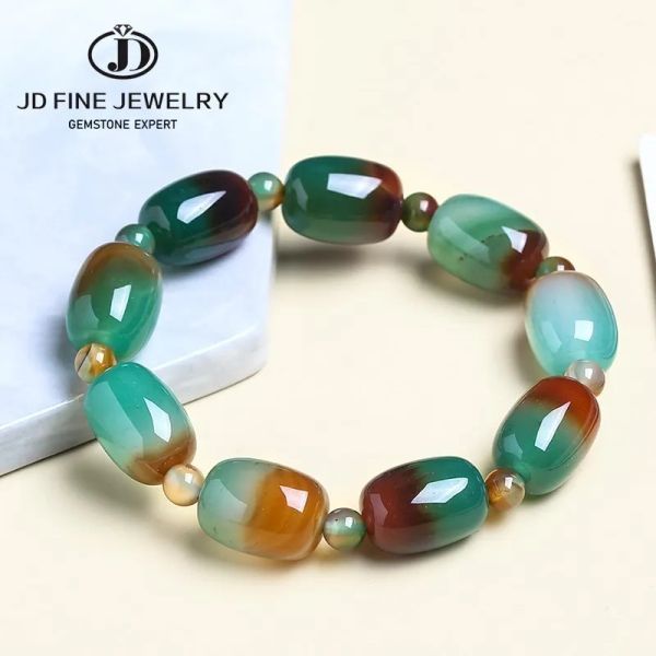 Strands JD Stone naturale naturale colorato di pavone verdi Agate Bracciale Donne Eleganti Canna a tamburo Forma di giada perle Gioielli Gifts Gioielli