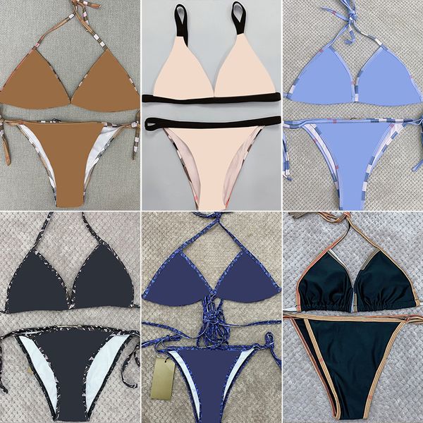 Moda tasarımcı genç kız bikini set sıcak bayan klasik dantel up mayo mektupları kahverengi şerit desen bandaj seksi kadınlar rahat tanga üst sütyen mayo takım elbise