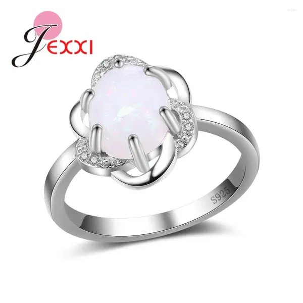 Rings de cluster requintado Fire White Opal 925 Acessórios de prata esterlina para mulheres jóias de moda de casamento de paras de noiva