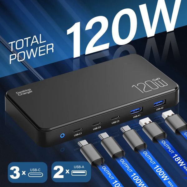 Hubs Estação de carregamento USB C, 120W USB C GAN Charger Charging Hub 5 Portas para vários dispositivos, Máx