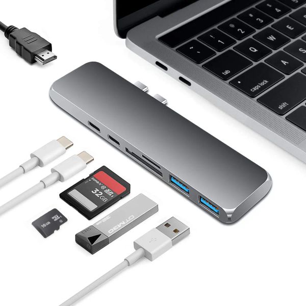 Hubs USB Type C Adattatore hub 7 in 1 Doppio Dock di tipo C USB per Book Pro con 4K HDMicompatibile USB C USB3.0 SD/MicroSD Card Reader