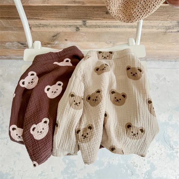 Tops Cartoon Bear Stamping Shirt per abiti per bambini primaverila Fall Accoglie Muslino Cotton Little Girls Bluse Long Kids Kids Shirt Tops