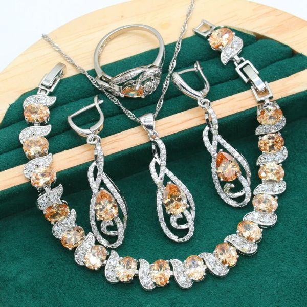 Strands Silver Color Jewelry Set para mulheres Casamento exclusivo Champagne Zircon Brincos perfurados Ring Ring Dubai