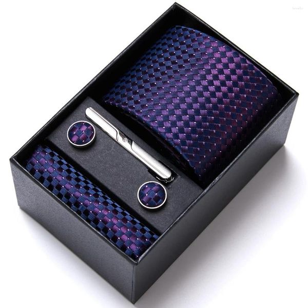 Bogenkrawatte für Männer festliche Gegenwart Taschentuch Cufflink Set Krawatte Pocket Squares Purple Holiday Gift Box Hochzeitsgeschäft