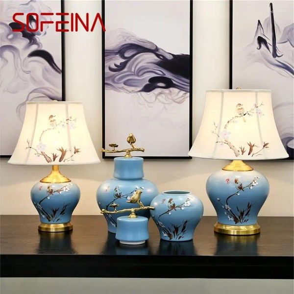 Tischlampen Sofeina Keramik Blau Luxus Vogel Messing Stoff Stoff Leicht Heimdekorative für Wohnzimmer Esszimmer Schlafzimmer