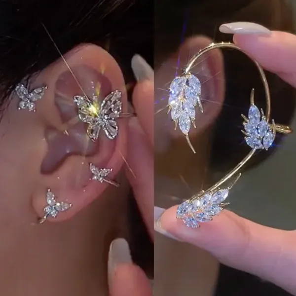 Orecchini nuovi clip auricolari in piuma di farfalla di colore argento senza piercing per donne scintillanti auricolari zircone orecchini per le orecchie da sposa gioielli
