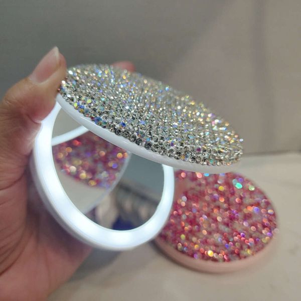 LED MACCHIO CRIDABILE Crystal Shiny Round Round Portable Princess Mirror Beauty Two-Side Fold Small Tool for Girl Gifts