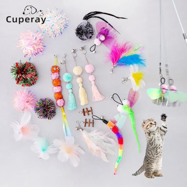 Accessori Cat Feather Toys Accessori per giocattoli per bacchette per gatto per la pesca per gatto Fiocchi di teaser assortiti con la campana per i gattini da gattino da gioco da parte dei giocattoli