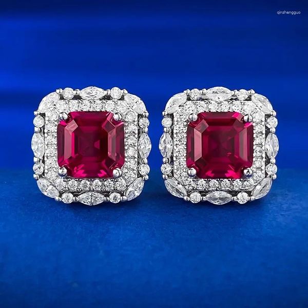 Stud Küpe Springlady Vintage 925 STERLING Gümüş Asscher Kesme 7 mm Ruby Yüksek Karbonlu Elmas Taş Saplamalar Takı