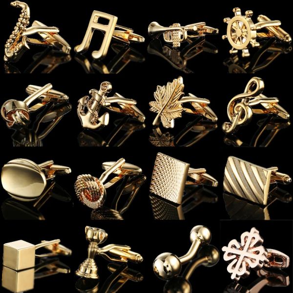 Links Qualität goldene Farbe Manschettenknöpfe Chinesische Knoten Ahorn Blätter Kronen Ruder Musik Französisch Hemd Manschetten Anzug Accessoires Hochzeit Schmuck