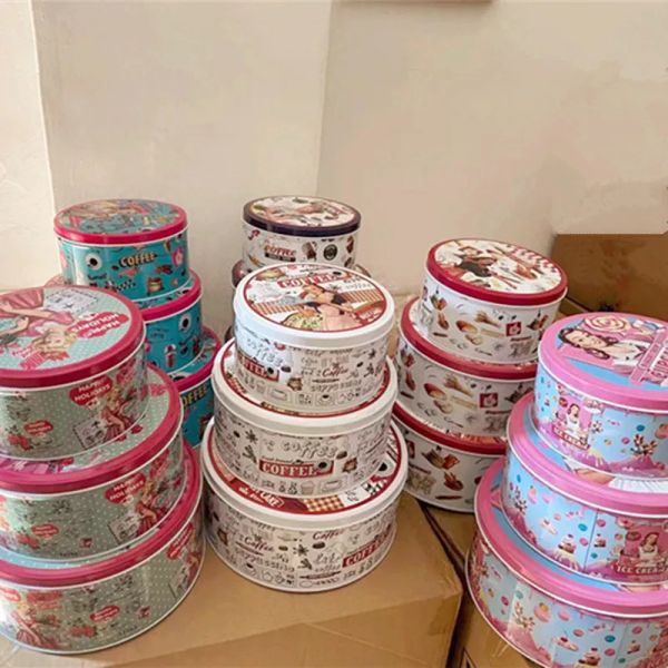 Bidoni 3pcs/set vintage grazioso ragazza tins rotonde tins box snack in metallo snack secchi biscotti di ciondoli da imballaggio