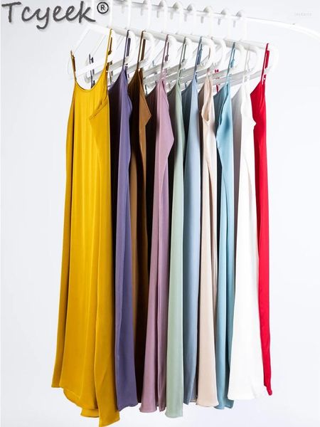 Lässige Kleider 93% echte Mulberry Silk Nightgrowns Summer Sling Kleid für Frauen Nacht 19mm Nachtwäsche Midi 2024