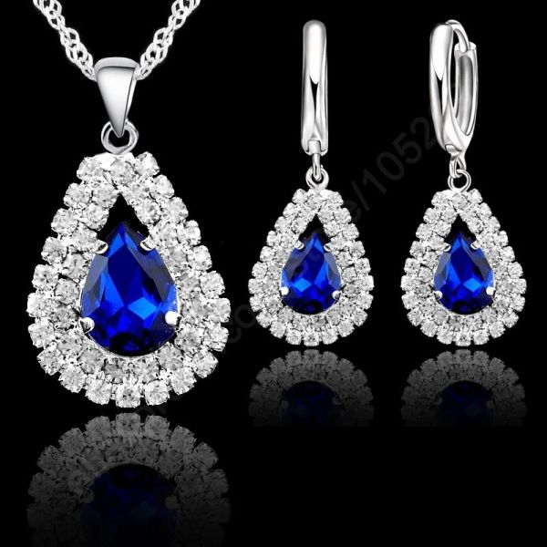 Halsketten heißer Verkauf Brautschmuck Set 925 Sterling Silber Farbe Österreichische Kristallwassertropfen Halsketten Reifen Ohrring Frauen Party Engagement