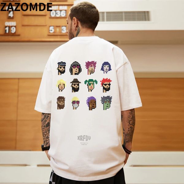 Camisetas zazomde de verão masculino masculino pixel cabeça impressão de impressão superior de hip hop para homens high street casual de tamanho grande daliy camiseta