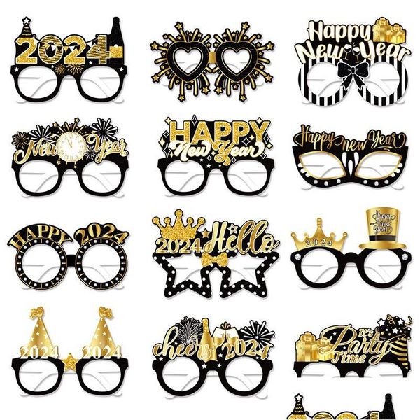 Outros favores de casamento 12pcs/conjunto 2024 Happy Year Po Frame Decoração Família Eve Party Paper Glasses Booth Props Navidad Christmas Dro Dh2lq