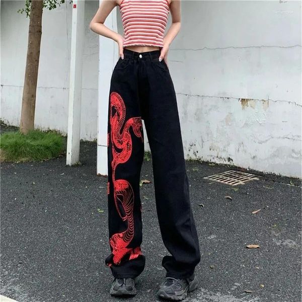 Женские джинсы Американская змея печати с широкой ногой женские женские дамы пуговицы с высокой джинсовой брюки с высокой талией уличная мода Женская Прямые брюки