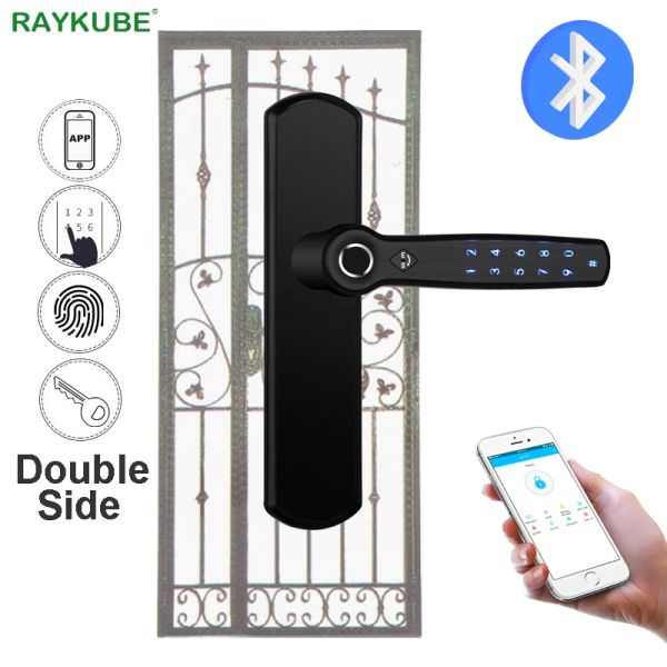 Controle Raykube porta inteligente trava de impressão digital dupla bluetooth ttlock alça de aplicativo para porta de metal oca de ferro forjado D22