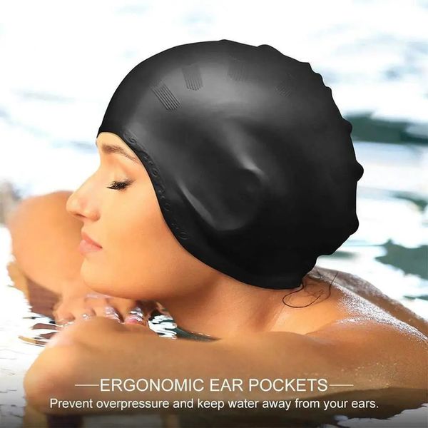 Adultos Capas de natação elástica de alto teor de acabamento de tampa de piscina à prova d'água Proteger os orelhas cabelos longos Chapéu de mergulho de silicone grande 240416