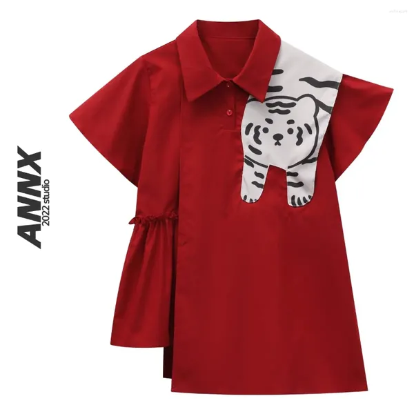 BULUSE DONNE COREANE Versione in stile Coro Collage Cinetto Shirt rosso con stampato Tiger Donne 2024 Summer Polo Collar Short Short Short