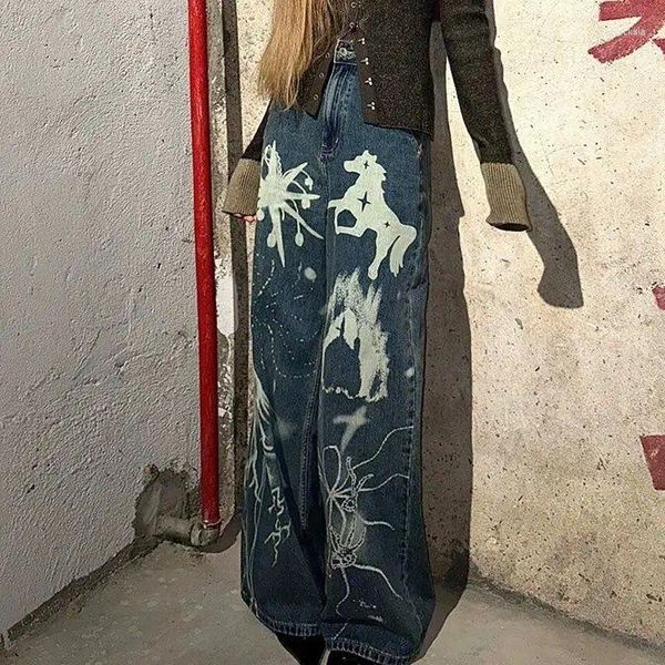 Женские джинсы граффити персонализированные американские ретро -ретро для женщин Стильные высокие брюки с высокой талией на улице в стиле Harajuku