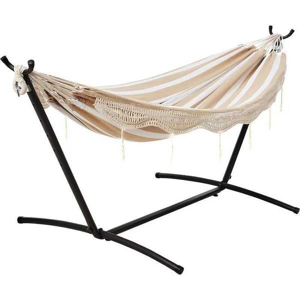 Hammock duplo de mobília de acampamento com suporte de aço para economia de espaço de 9 metros e estojo de transporte de 450 lb de faixa bege com renda Y240423