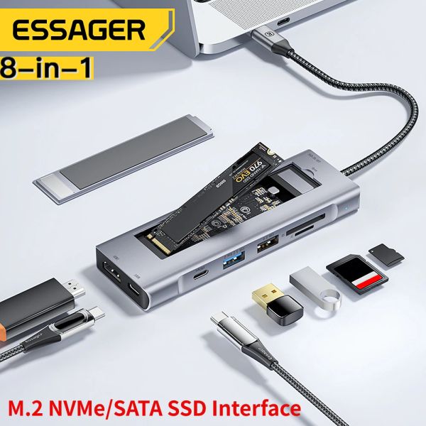 Hubs 8 em 1 USB C Hub a 4K HDMI com M.2 NVME/SATA SSD Box Interface USB C Adaptador Splitter Hub Dock 100W PD para Book Pro Air PC PC PC PC