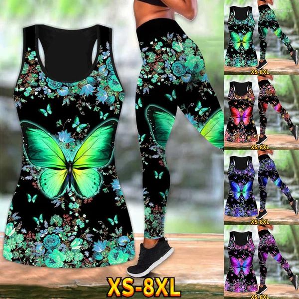 Leggings femininas Mulheres Vesto de verão Padrão de borboleta de ioga colorida corpora esculpindo nádegas em execução Set XS-8xl