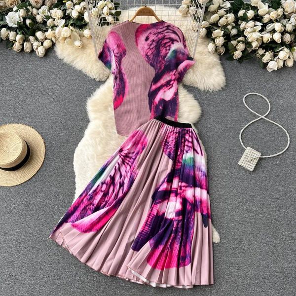 Arbeitskleider French Chic Print Zwei Stücke Sets Slim Short Sleeve Stretchy Shirt Elegant Falten High Waitst A-Line Rock Fashion Summer