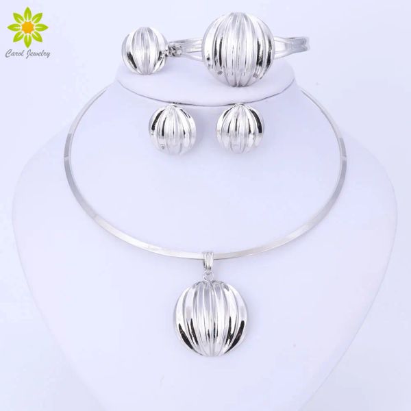 Stränge Dubai Schmuck Set Ball Anhänger Halskette Ohrringe Armband Ring Silber Farbe Schmuck Set Frauen Hochzeitszubehör