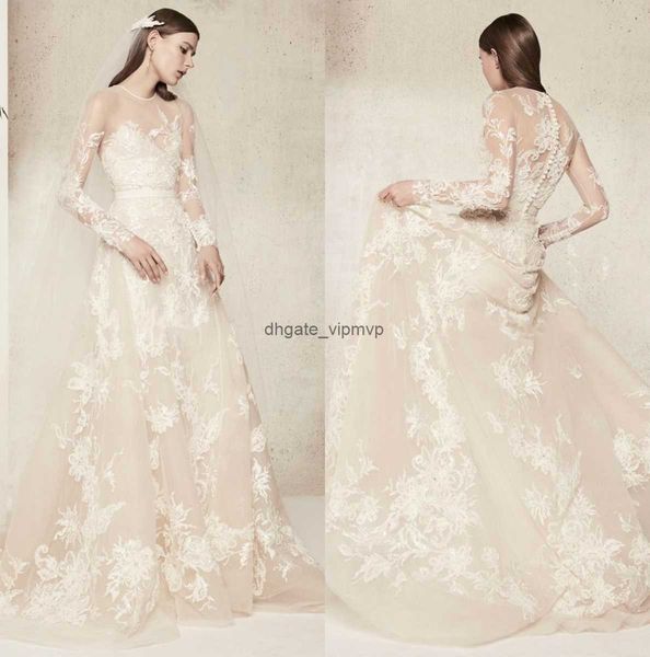 Elie saab dantel gelinlik uzun kollu vestido de novia mücevher plaj gelinlik 2020 özel yapım süpürme tren A-line gelinlik