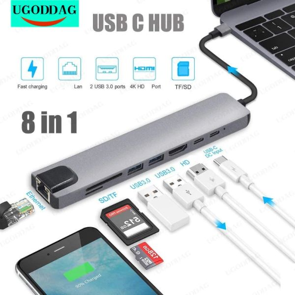 Hubs USB C Adaptador do tipo C Tipo C com 4K USB C a Hdmicompatible Ethernet 2 USB 3.0 Portas USBC PD para IMAC Air MacBook Pro