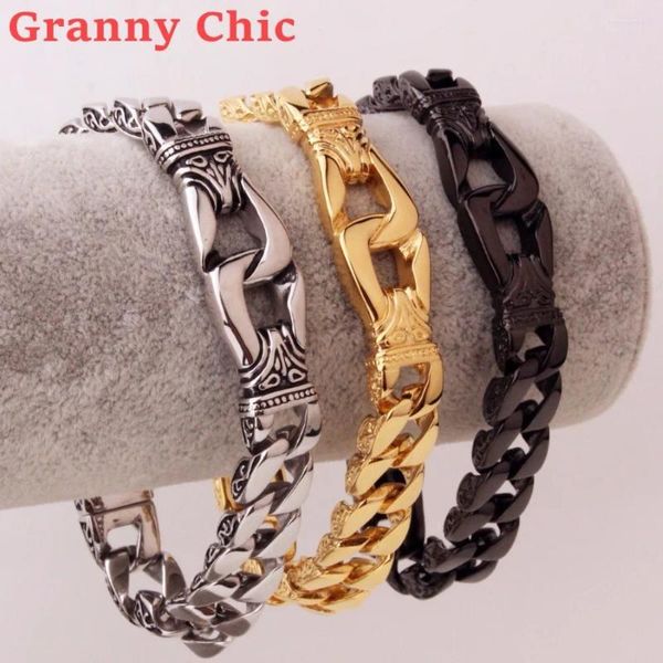 Link Armbänder Granny Chic 22 cm 12 mm schwer aus Edelstahl Silber Gold Schwarz Farbe Curb Cuban Armband Herren Vintage Cool Schmuck